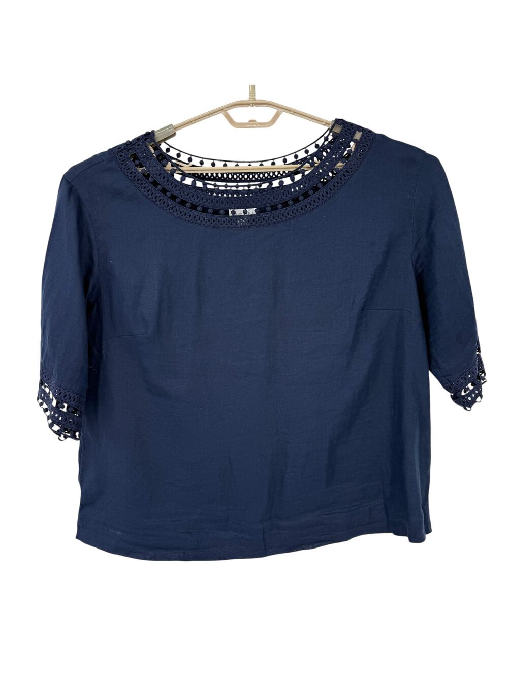 J. Jill Love Linen Navy Top Shirt Embroidered Trim Boxy Size 1X